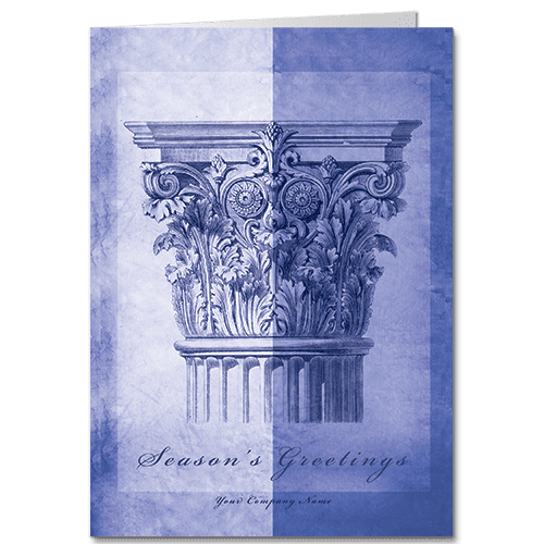 Architecture Christmas Cards Winter Corinthian 4140 An ornate corinthian capital sketched in shades of blue and a holiday greeting in script font.