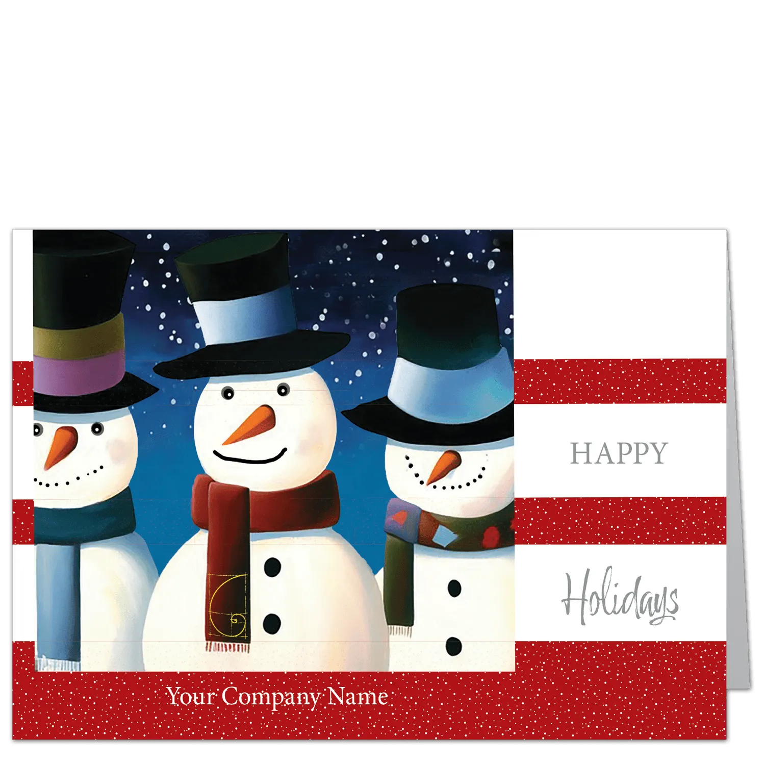 Corporate holiday cards designed for the not too serious company featuring 3 nattily dressed snowmen