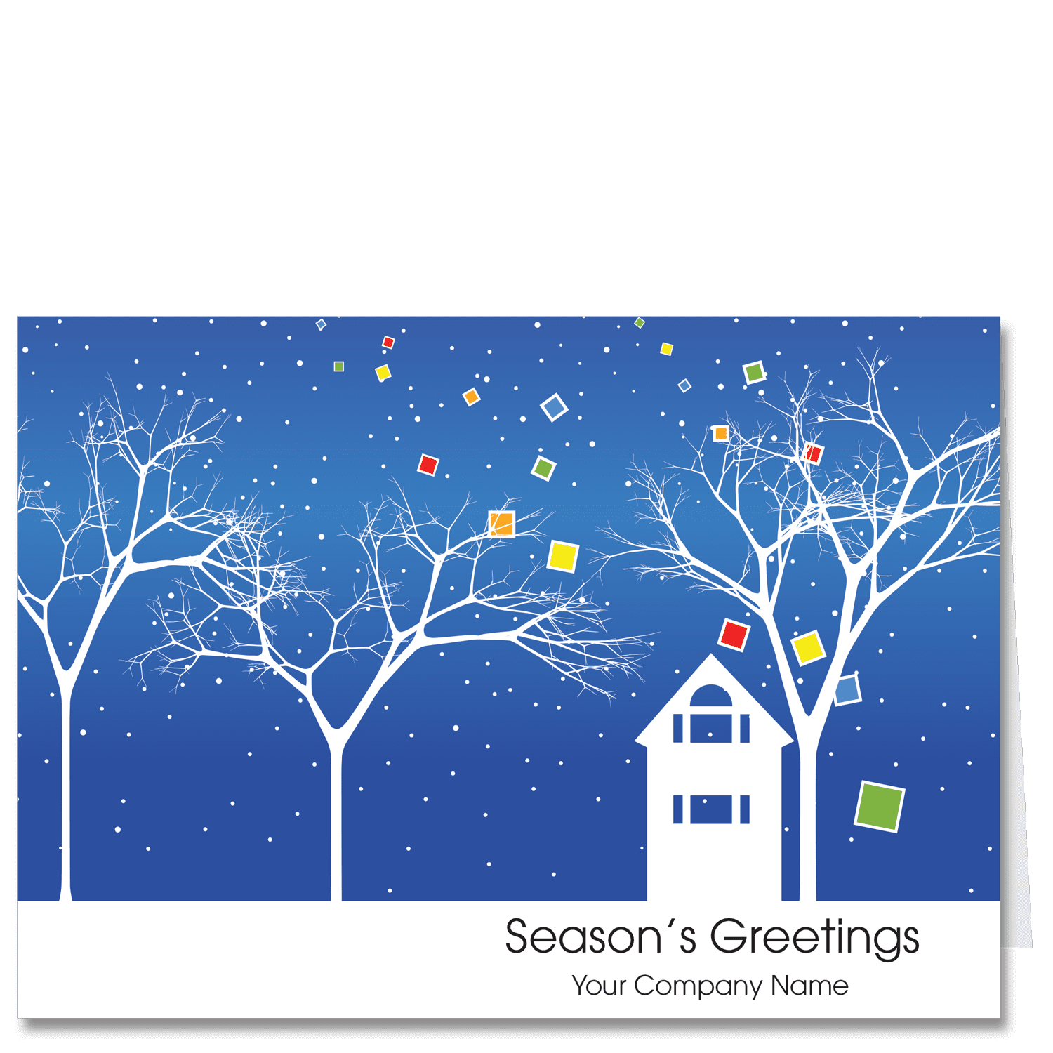 Christmas cards for architects featuring the silhouette of a single family house and 3 white trees on a bright blue sky filled with white dot snowflakes. You company name and choice of holiday greeting on the card front.