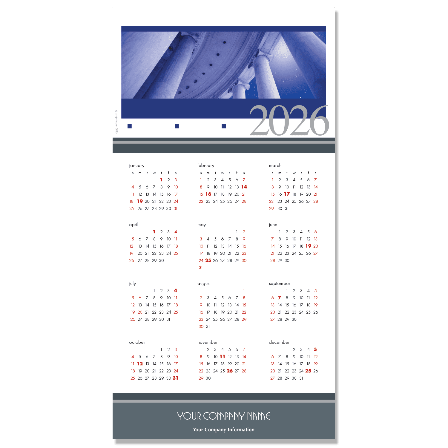This Elegant Corporate Calendar Card Features A Stunning Image Of The Lincoln Memorial In Washington DC And Features Your Company Name And Contact Info.