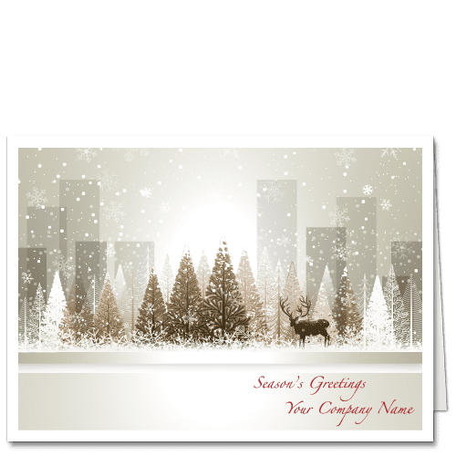 Corporate Holiday Card Depicting Frosty City Scene with Glowing Trees