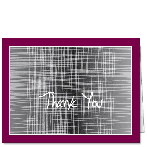 Business thank you cards with the words Thank You in white against a moire pattern in black and white and bordered in burgundy on all four sides.