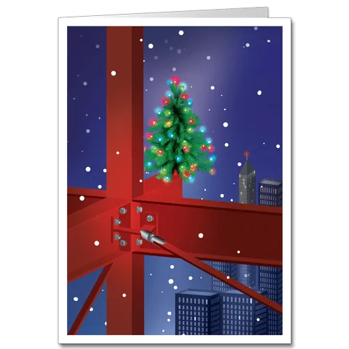 Construction Christmas Cards Steel Framing Structure with Traditional Topping off Christmas tree.