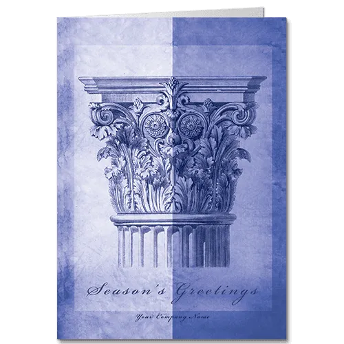 Architecture Christmas Cards Winter Corinthian 4140 An ornate corinthian capital sketched in shades of blue and a holiday greeting in script font.