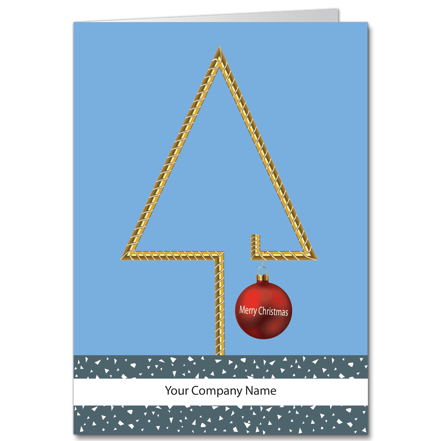 Construction Holiday Card With A Gold Wire Frame Rebar Christmas Tree Dangling a Red Ornament That Reads Merry Christmas And Can Be Customized With Your Company Name