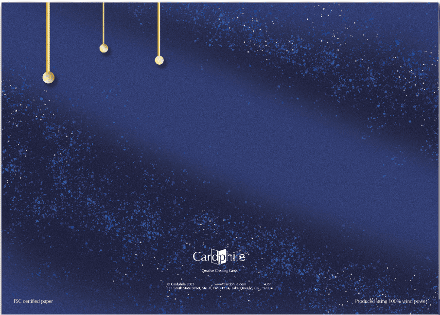 Elegant corporate Christmas card Holiday Orbs card back with three ornament hanger detail.