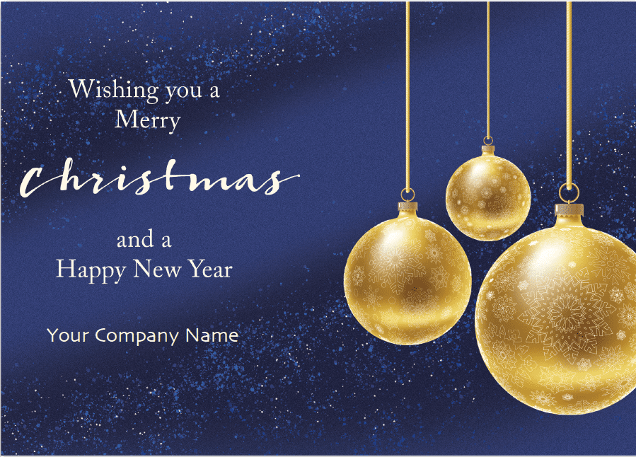 Elegant corporate Christmas card on blue background with three golden ornaments - Merry Christmas version.