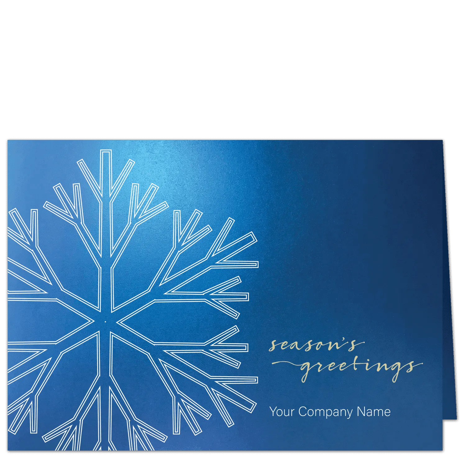 Elegant financial Christmas cards with stylized white snowflake on rich shimmery blue card stock. Features your choice of card front text greeting and company name.