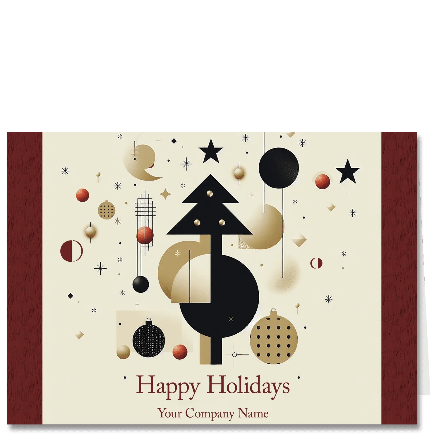 Business holiday cards featuring a modern sophisticated color palette of rich umber, browns and black details in the style of abstract artist Joan Miro. Includes your choice of Happy Holidays or other card front greeting and your company name.
