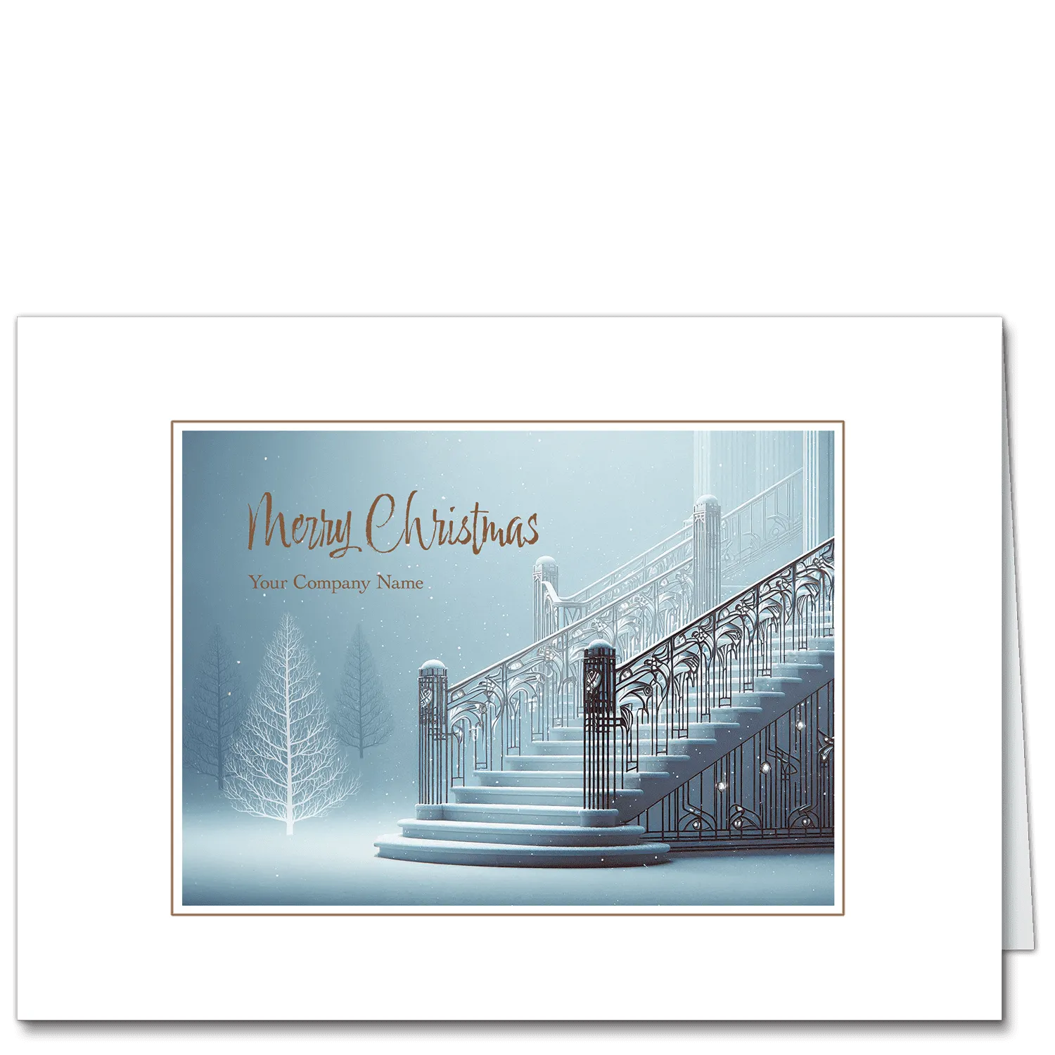 Corporate Christmas cards image of a beautiful art deco staircase, stylized winter trees in the background and your company name on the front.