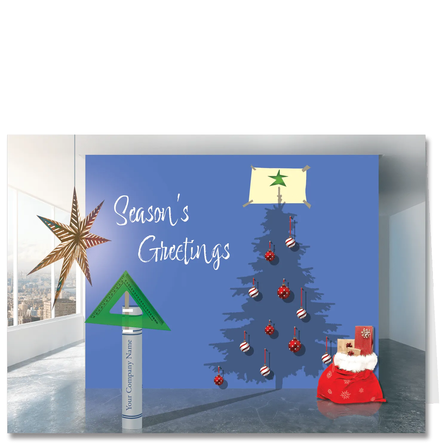 This Architects holiday cards design has a roll of plans featuring your company name with a green drafting triangle on top which together cast a shadow on the wall of a Christmas tree.