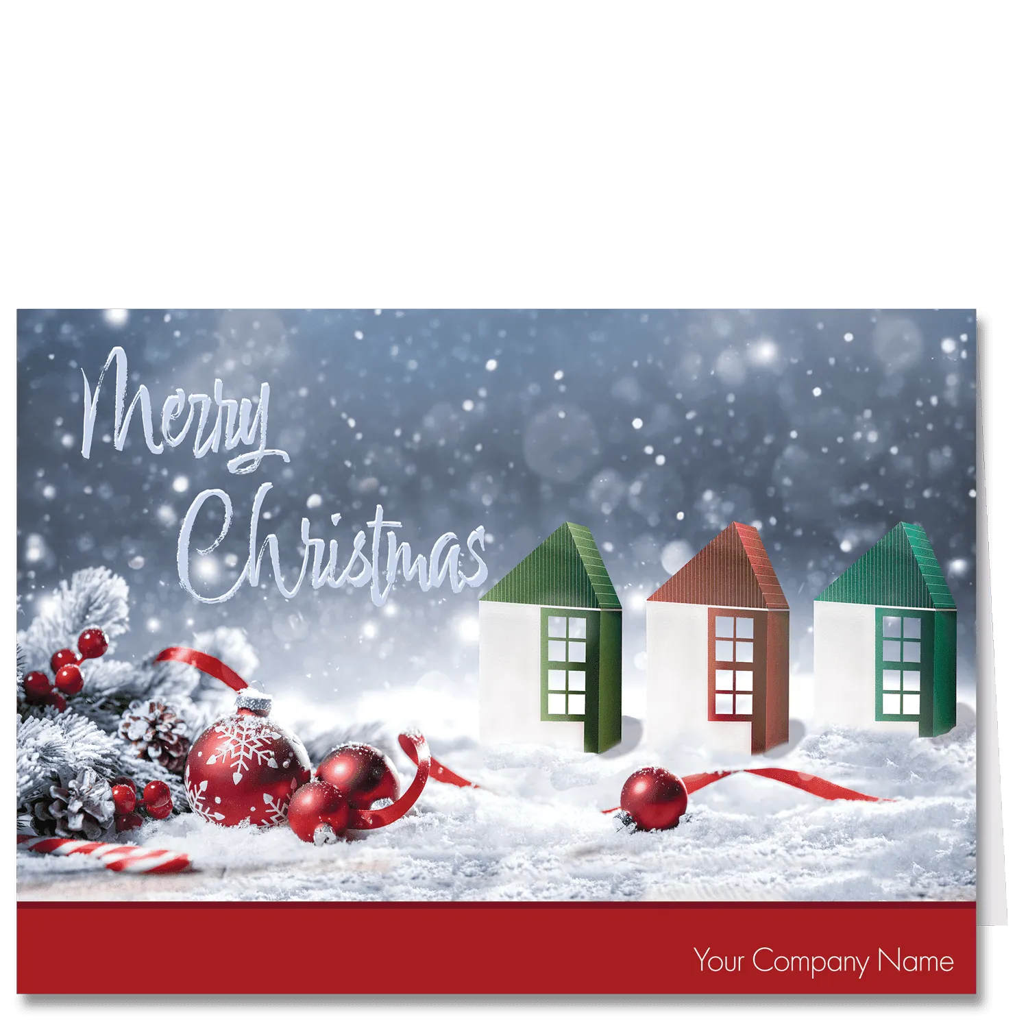 These Architect Christmas Cards show a collection of stylized houses in a snowy winter scened. Your company name can be added to the card front.