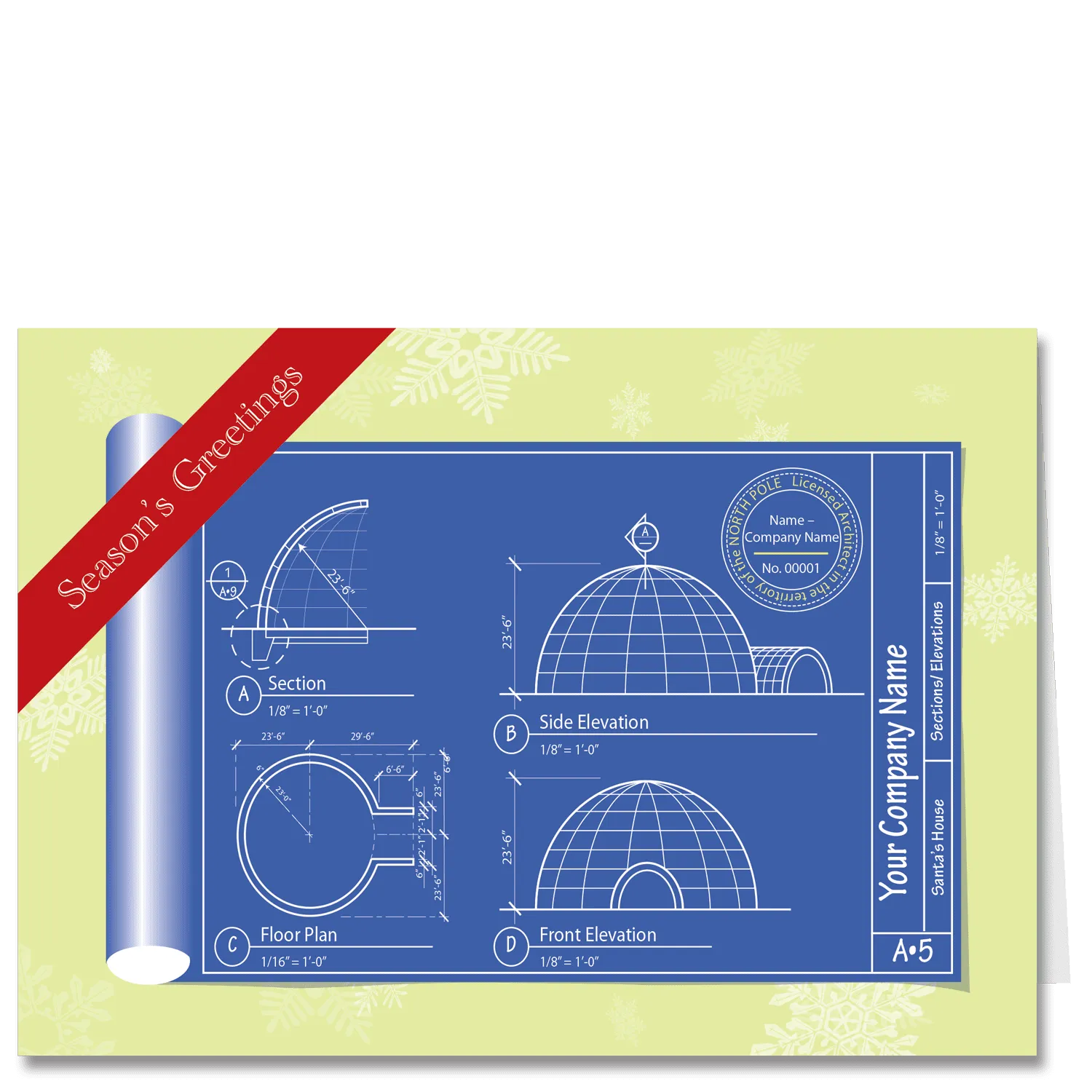 These architectural holiday cards display a set of igloo blueprints with your company name on the title block. A red banner displays your choice of Season's Greeting or Happy Holidays.