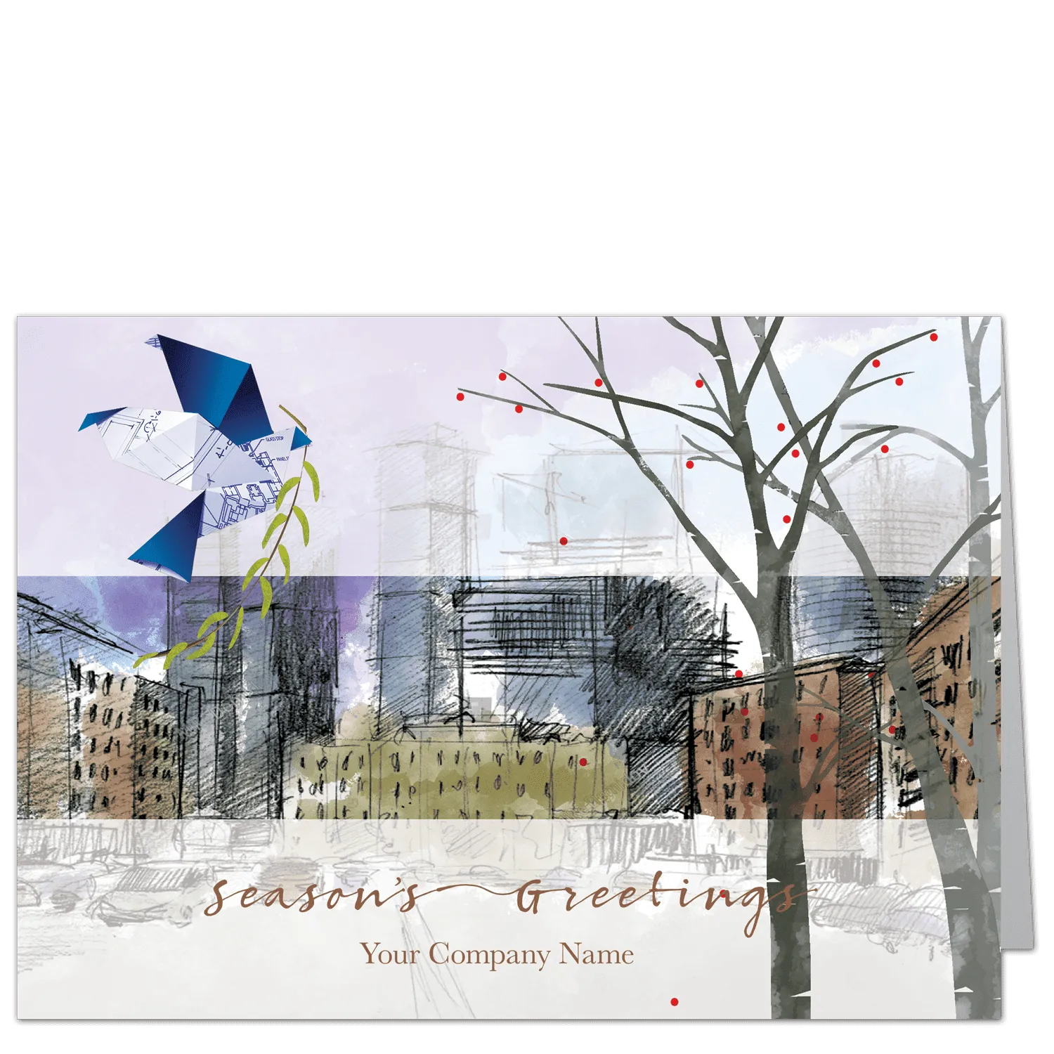 An architectural sketch of a city square with an origami dove and trees featuring your greeting selection and company name on the card front.