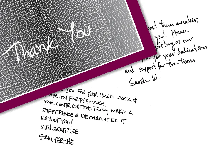 Business thank you card example showing card front and personal notes and signatures printed inside.