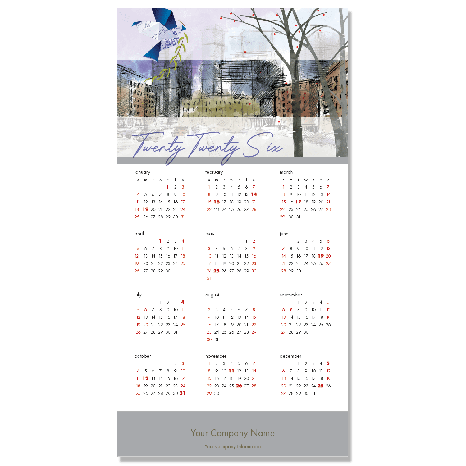 An architecture firm calendar card featuring a sketch of a city square and and origami dove made of a blueprint.