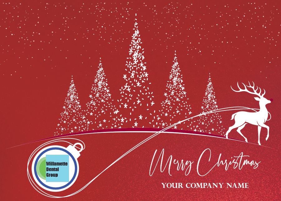 Personalized Christmas card depicting a reindeer towing an ornament with a company logo. Printed in white ink with a snowy winter scene in the background and your company name and greeting on the card front.
