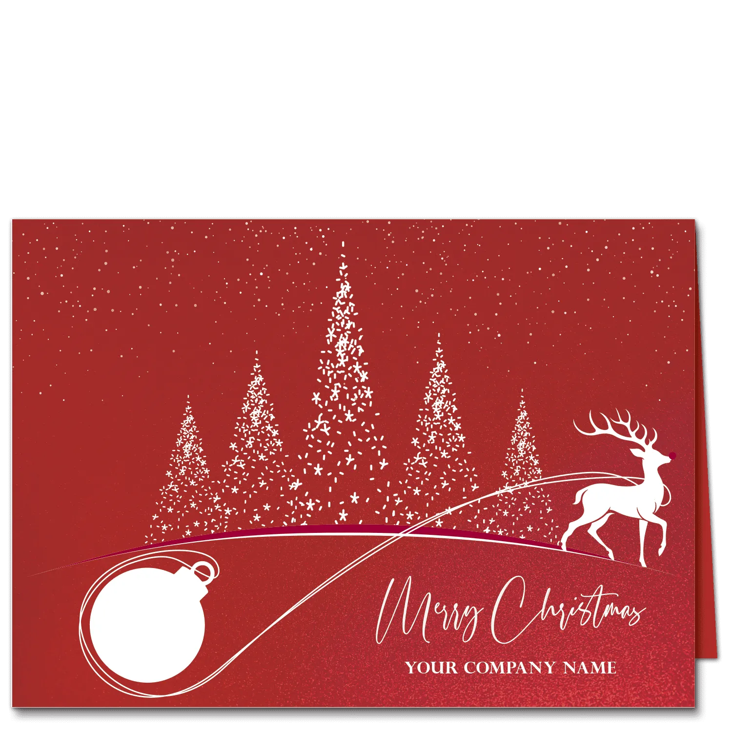Elegant personalized Christmas cards depict a prancing reindeer with a white ornament in tow in front of stylized Christmas trees all in white ink. Your card front greeeting and optional company or family name can be edited online for free.