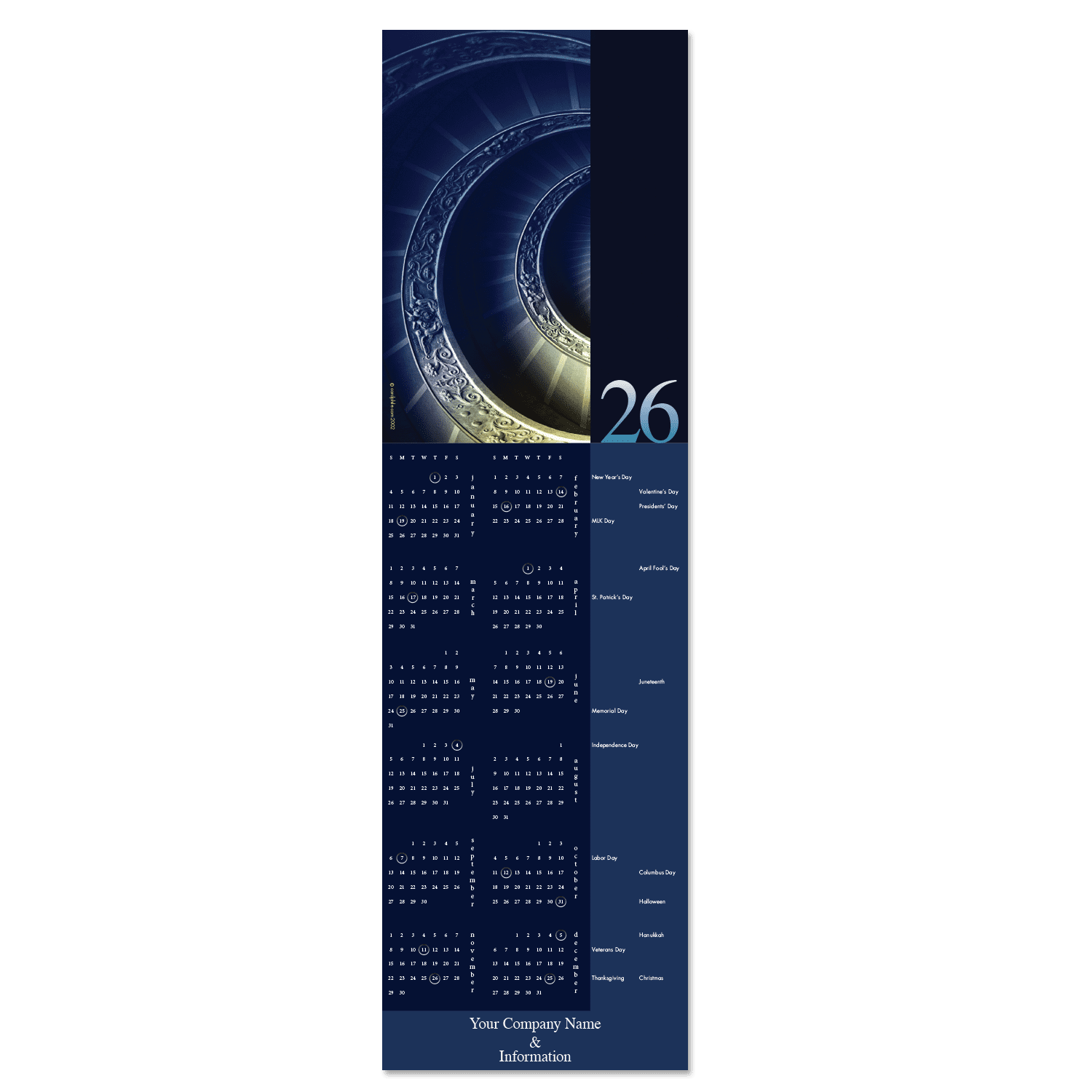 A beautiful historic spiral staircase is shown in this calendar greeting card with rich blue and gold hues.
