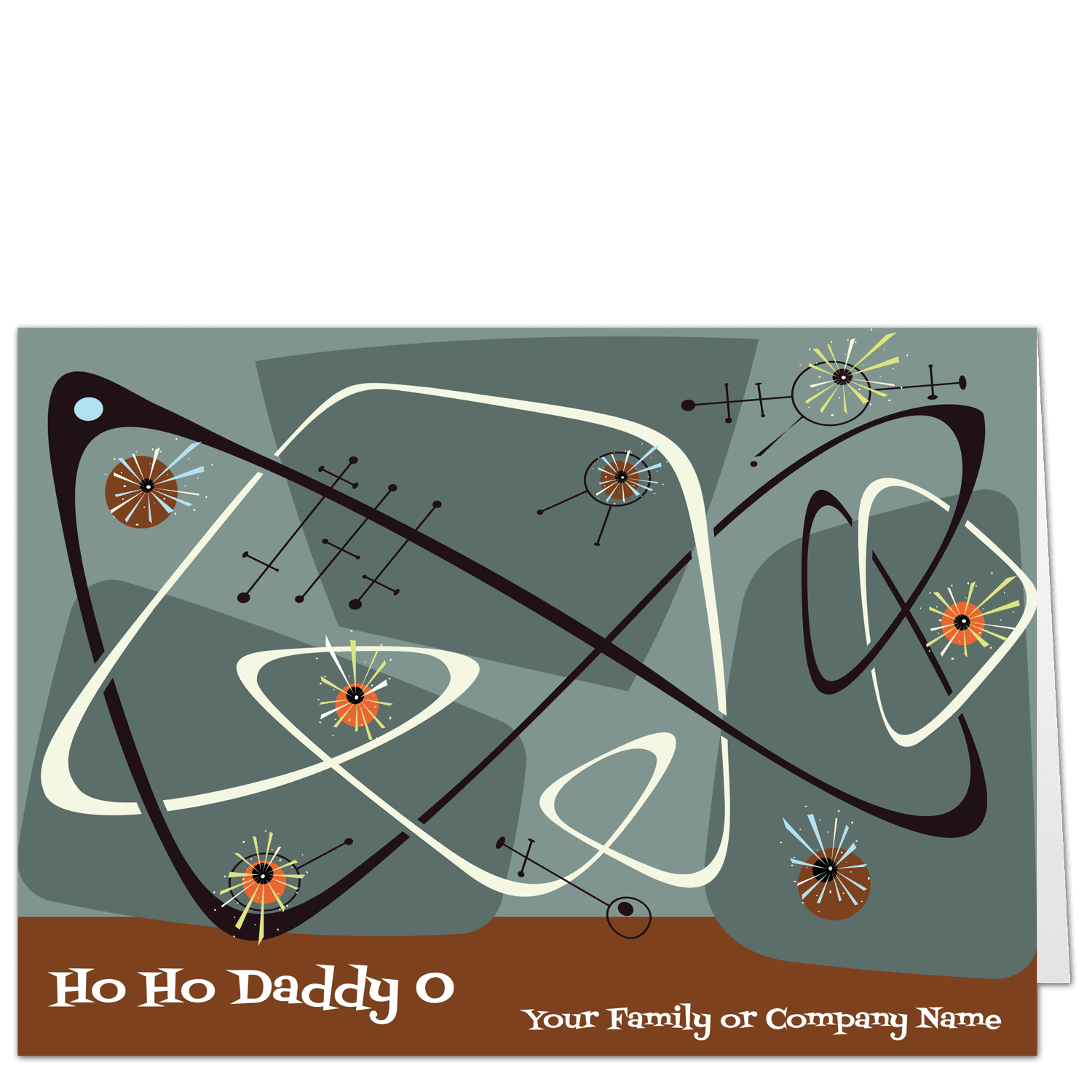 These stylish vintage Christmas cards have a very Jetson's feel in hues of greens and umber. Choose from Ho Ho Daddy O and other greetings along with your family or company name.