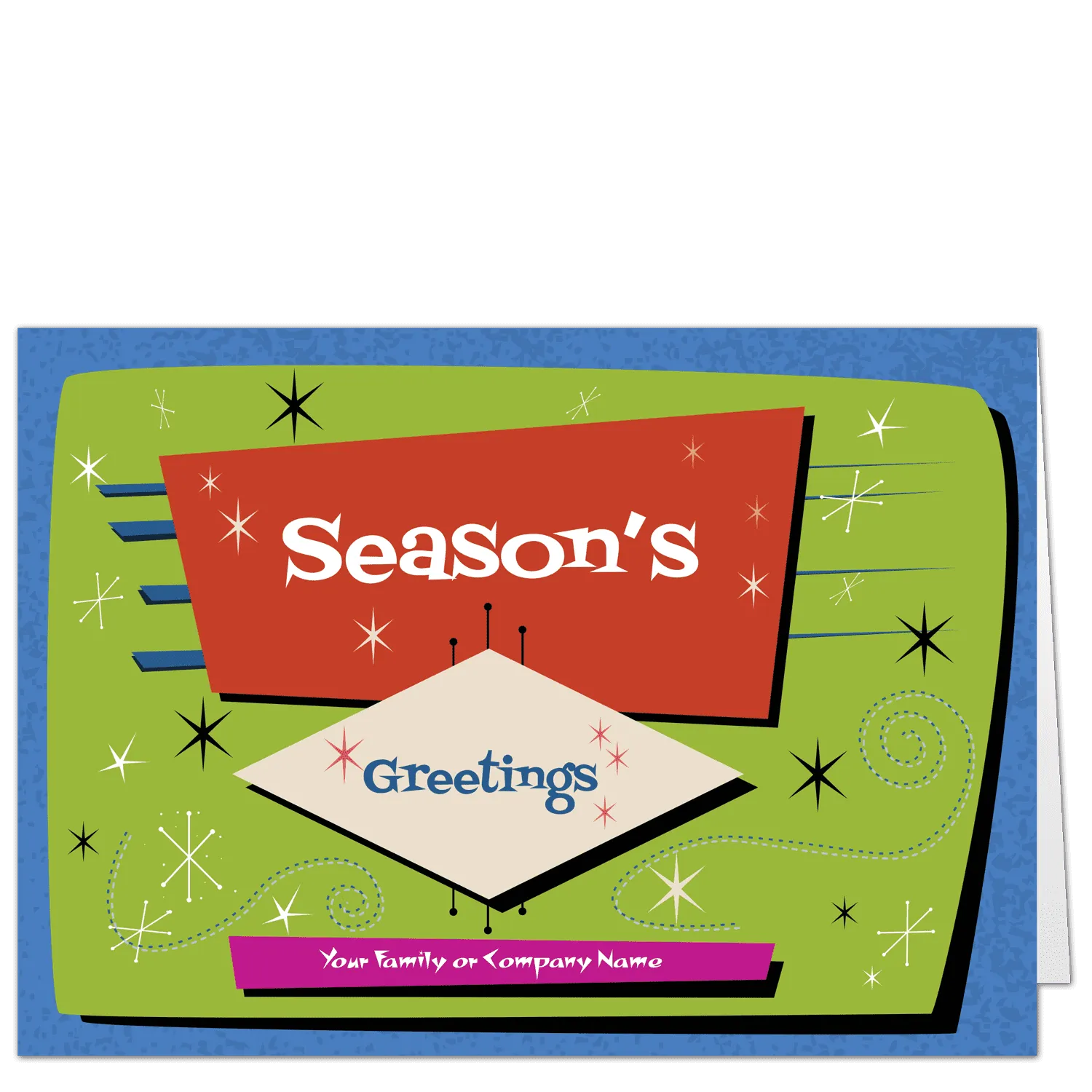 Personalized Christmas cards in wild shades of red, lime, pink and blue gives this card a mid century moderf feel. Stars and swirls complement your family or company name on the card front.