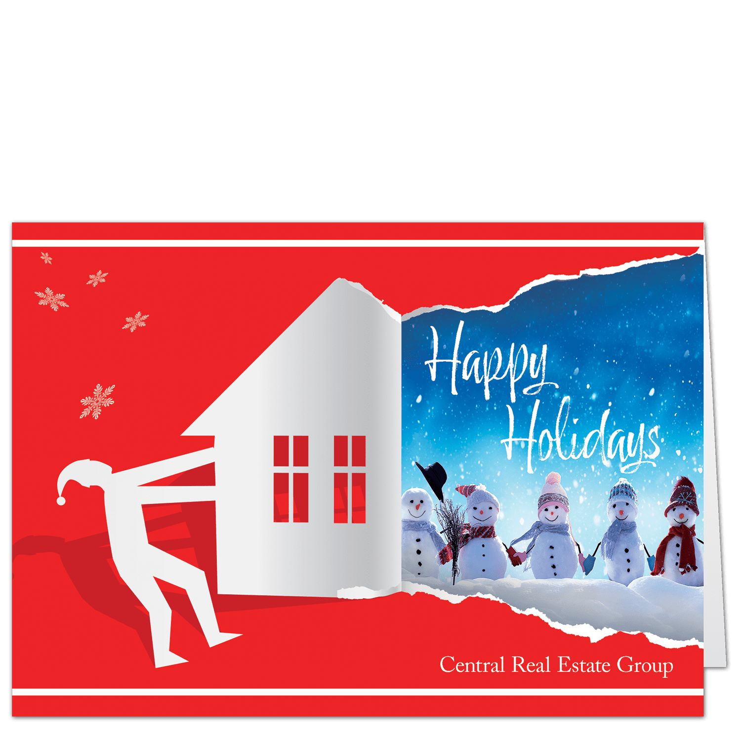 These mostly red construction company Christmas cards show a human figure peeling back the wall of a house to reveal a row of smiling snowmen in a snowy scene. Your company name and choice of greeting are on the front of the card.