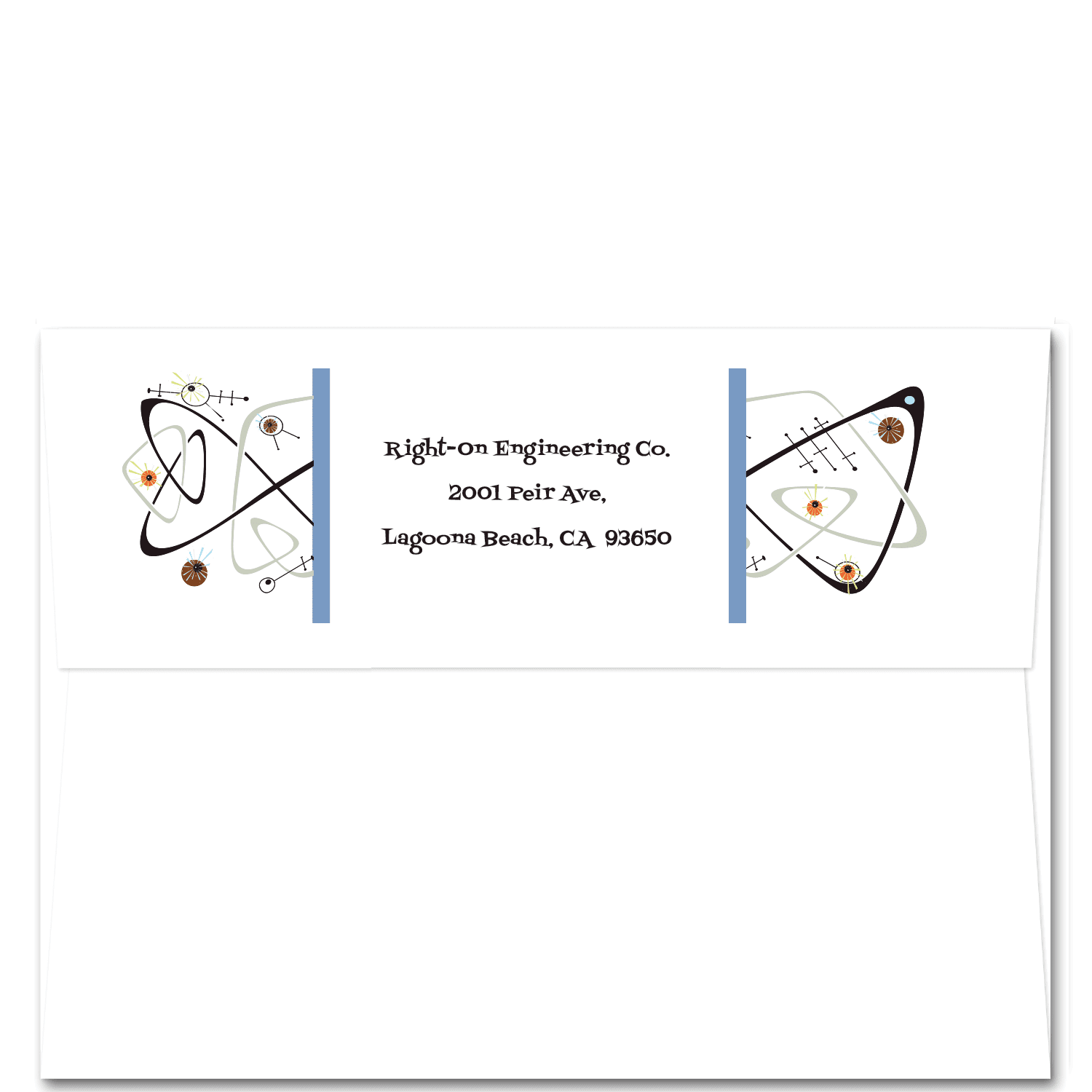 A Christmas card envelope with very groovey ornamentation framing your return address. Two vertical blue bars anchor the decorative elements.