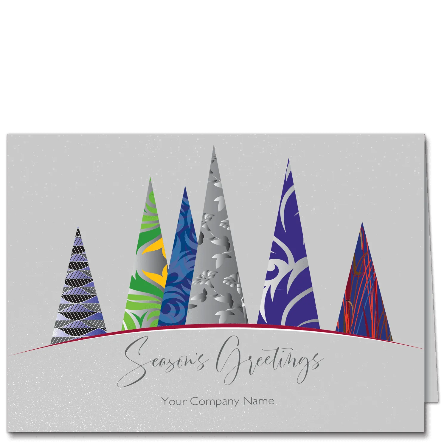 These Christmas cards for business are personalized with your company name and choice of greeting on our exclusive shimmery silver card stock. Six abstractly patterned and brightly colored Christmas trees float on the horizon.