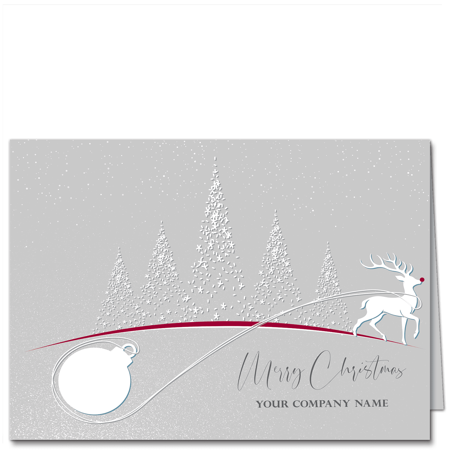 These holiday cards for businesses are personalized with your company name and choice of greeting on our exclusive shimmery silver card stock. A white reindeer with cheery red nose pulls a white ornament across a horizon with white speckled trees in the background.