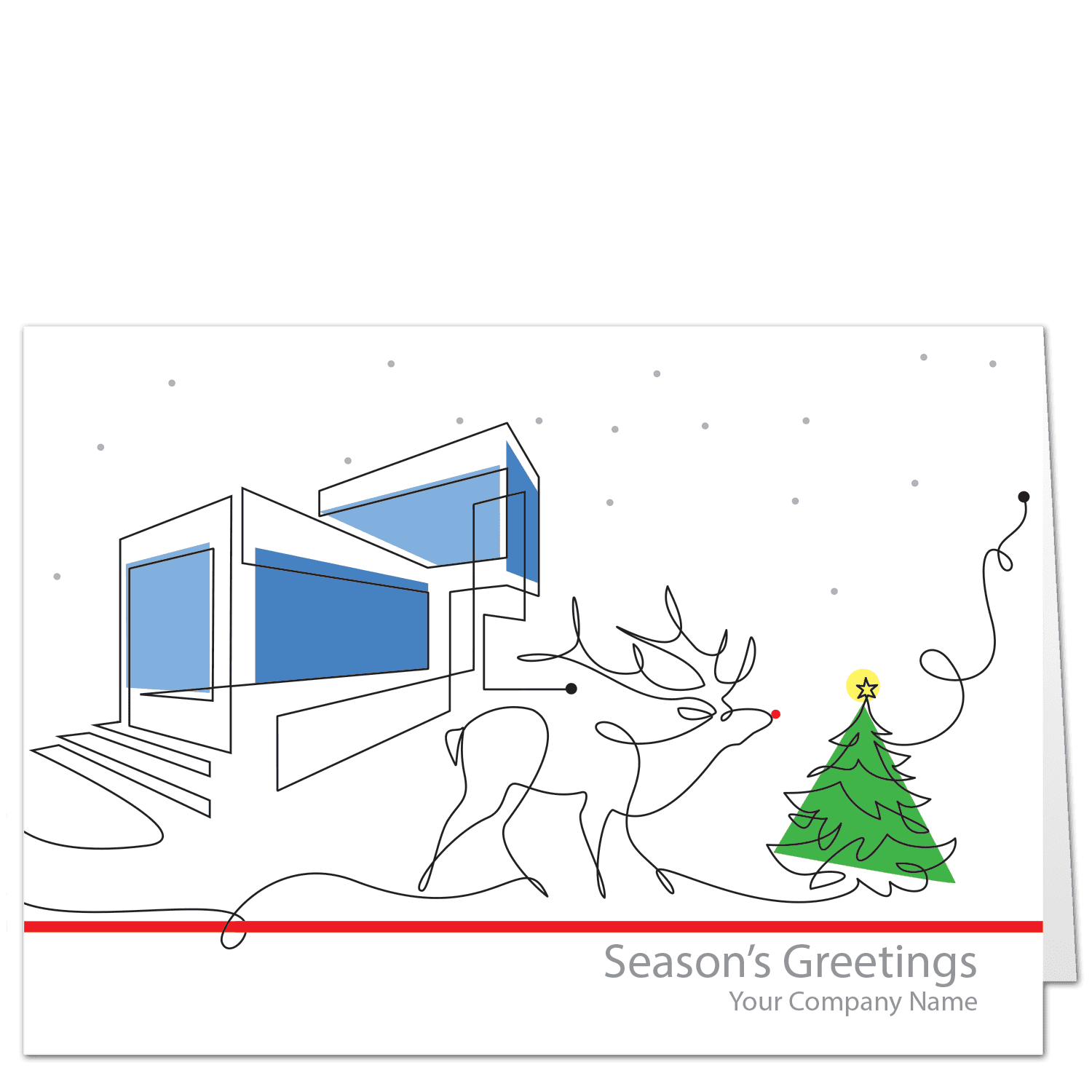This creative Christmas card for architects uses a single line to delineate a house, a reindeer and a Christmas tree. Blue blocks form the house, a splash of green for the tree, and Rudolph has a red nose. Your choice of greeting and company name on the card front.