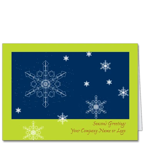 Technology Holiday Cards image featuring a dark blue background with CAD drawn white snowflakes, bordered by a festive green frame.
