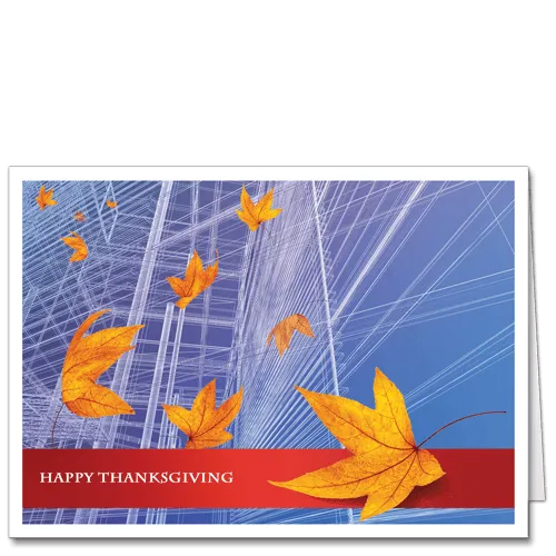 Company Thanksgiving cards with falling leaves in an abstract city scape.