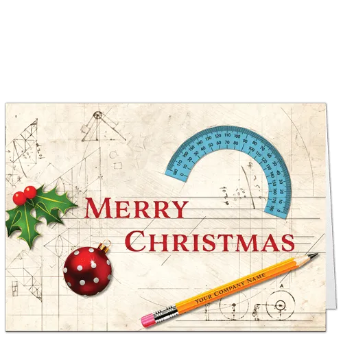 Inspired Architecture Holiday Card Seasonal Da Vinci 4124 A parchment background and a pencil and protractor with a sprig of holly.
