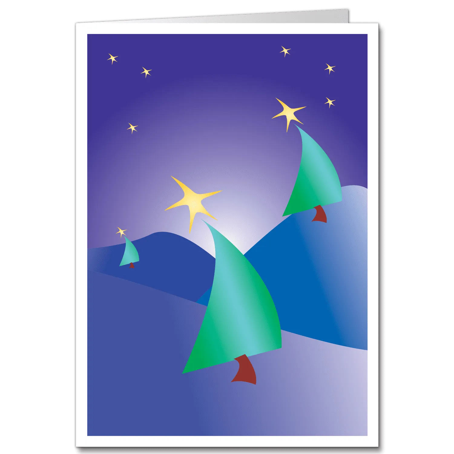 Business Christmas Card With Purple Night Sky, Stars, and Three Swirly Green Trees.
