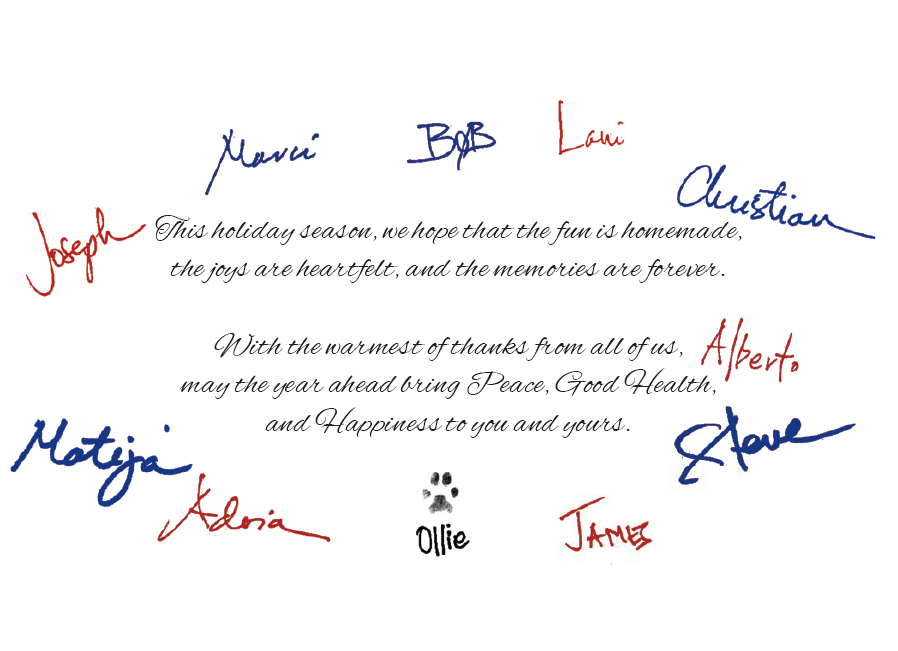 Christmas card signatures printed around a holiday card greeting and includes a cute puppy paw print.