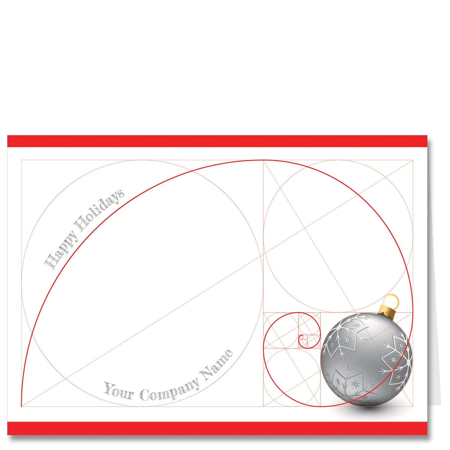 An architects holiday card featuring the Fibonacci spiral on a white background with red borders, a silver Christmas ornament and your company name on the card front.