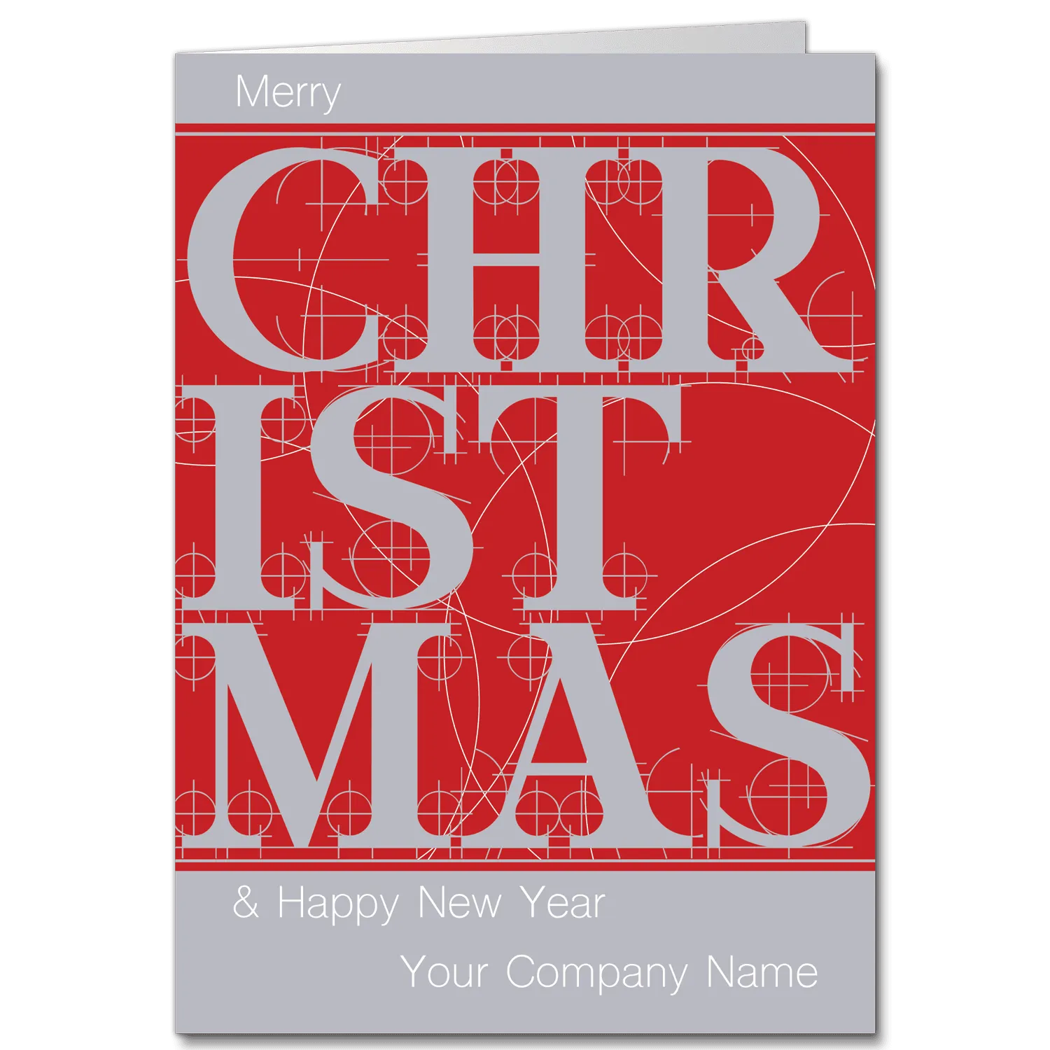 Business christmas cards in red and grey stylized font design that spells out the words Merry Christmas and Happy New Year and features your company name on the front.