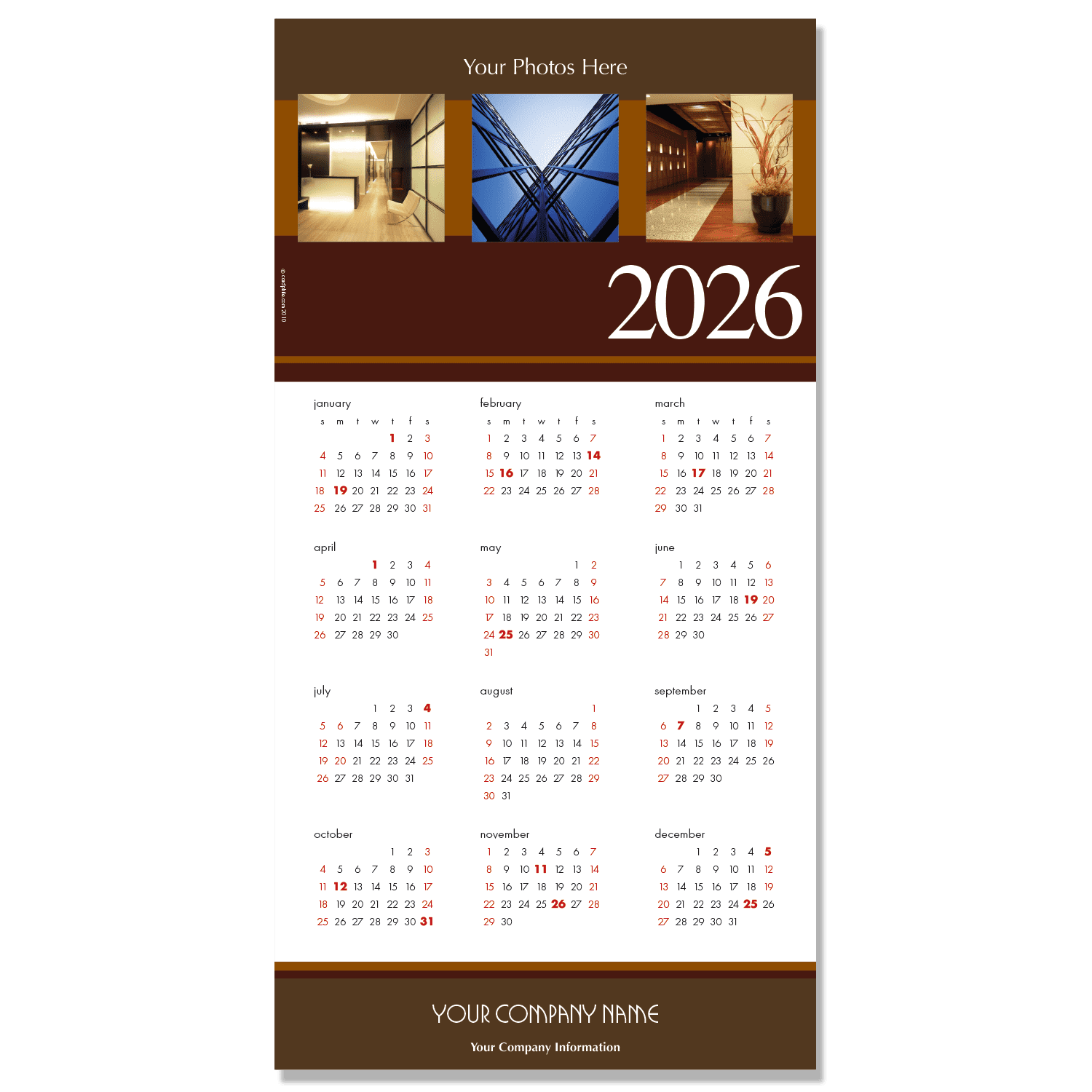 Custom Photo Calendar Card with 3 places for your own photos and featuring your company name and info on the bottom. Calendar card colors are shades of deep brown and rust.