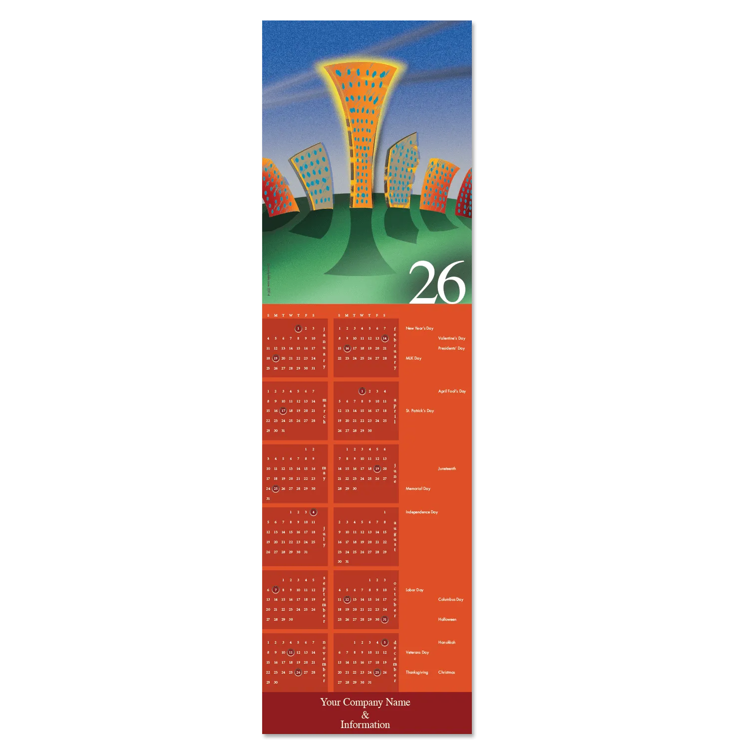 Business calendar card featuring a big city scene in bright hues of orange blue and green. Your company name and info is featured on the bottom