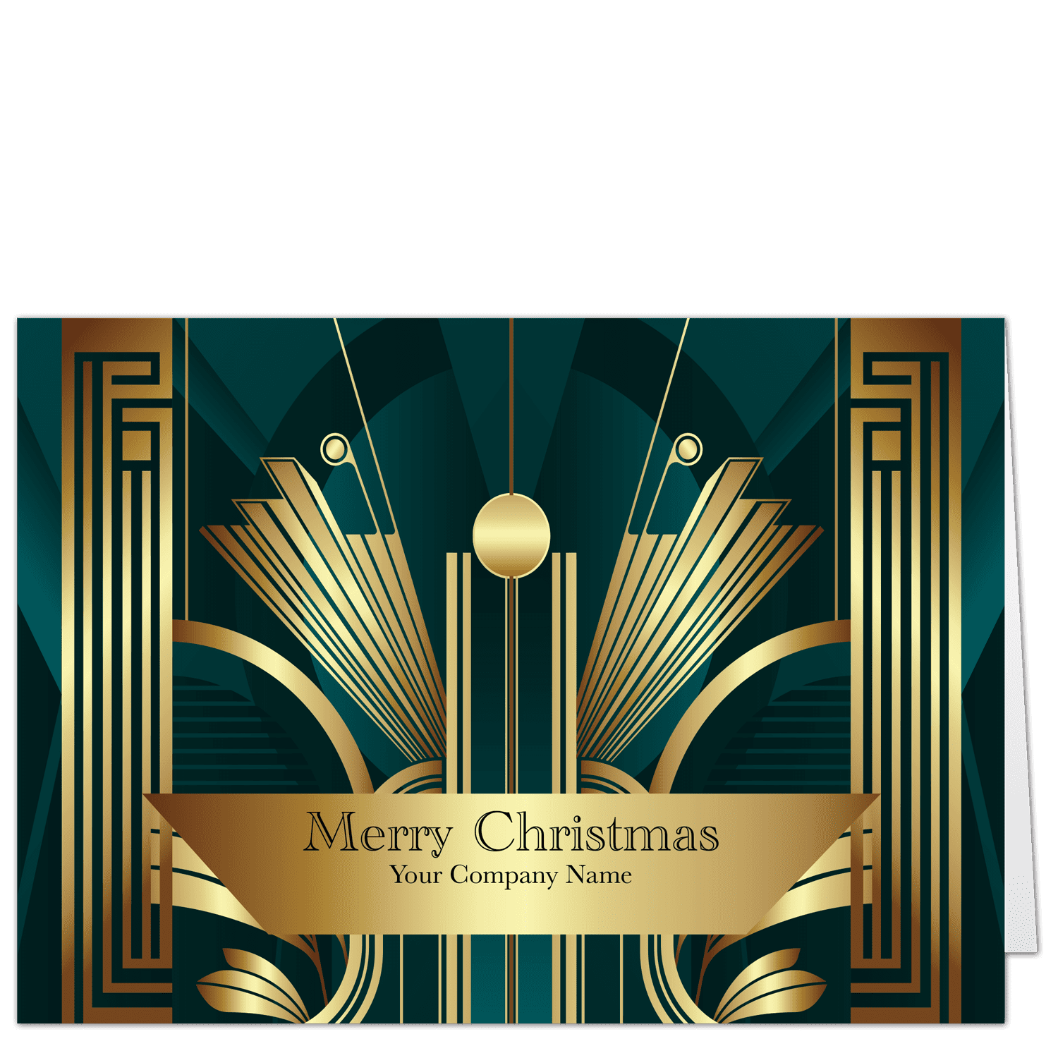 Custom corporate holiday cards with an elegant art deco style entry in gold hues against a rich deep green background. Your choice of holiday greeting and company name are printed on the front of the card.