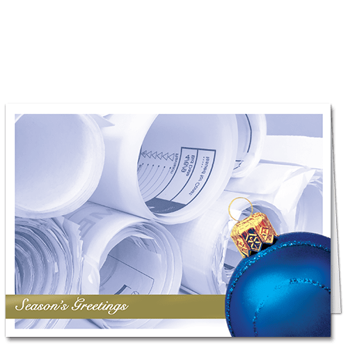 Blueprint Theme Architecture Holiday Cards Seasonal Plan Check 3517 Stacks of rolled up building plans and one shiny blue holiday bauble.