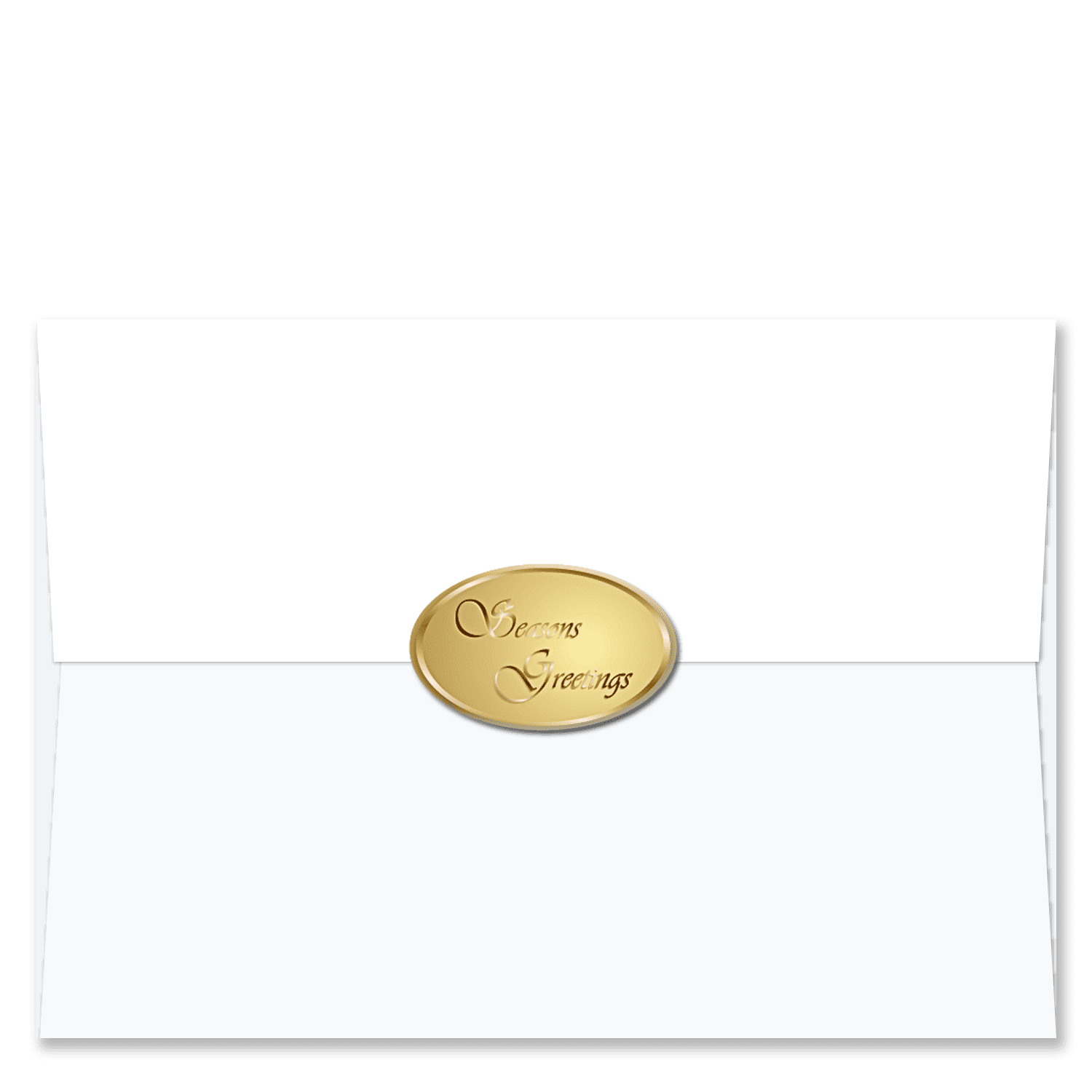 Oval shaped gold foil Christmas card envelope seals embossed with Season’s Greetings in cursive font.