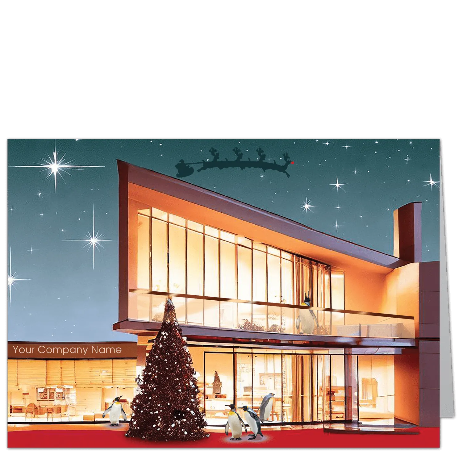 Corporate holiday card featuring a brightly lit modern building with penguins in celebration