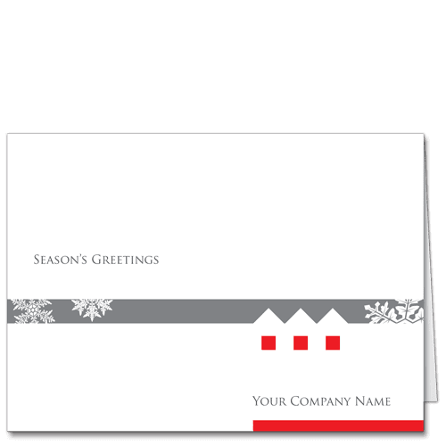 A modernist Architecture Christmas card with 3 red square design elements and grey band with snowflakes