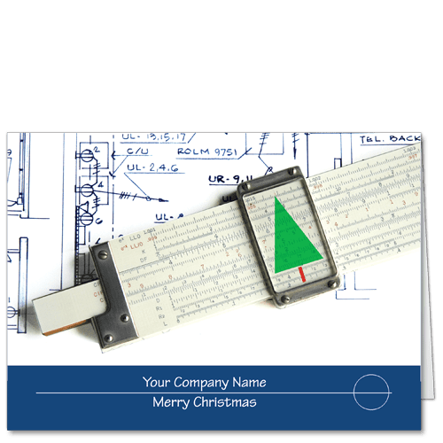 Engineering Christmas cards with slide rule, Christmas tree and company name