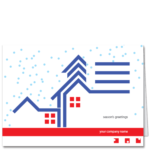Architecture Holiday Cards Mixed Use Holiday 3503 A minimalist illustration of a snowy city scene, with red details.
