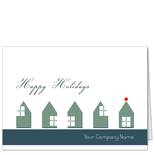 Aligned II 3824 Five little geometric houses say "Happy Holidays" in tones of teal and olive.