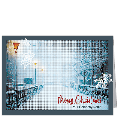 Winter Scene Holiday Card with Bridge and Moire Pattern