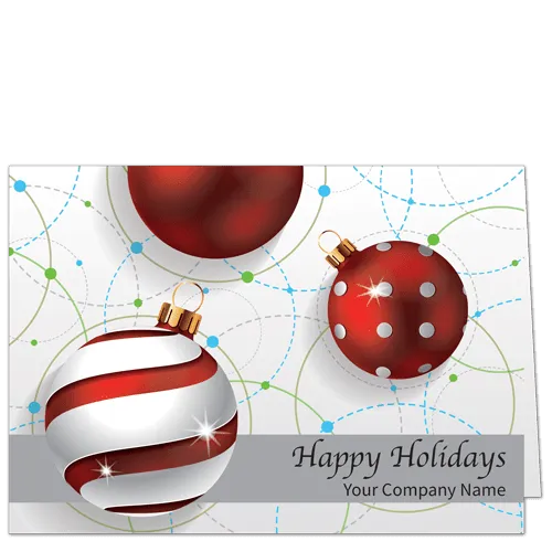 Christmas Cards for Business Ornaments 4118 Playful and shiny Christmas tree ornaments and a whimsical background.