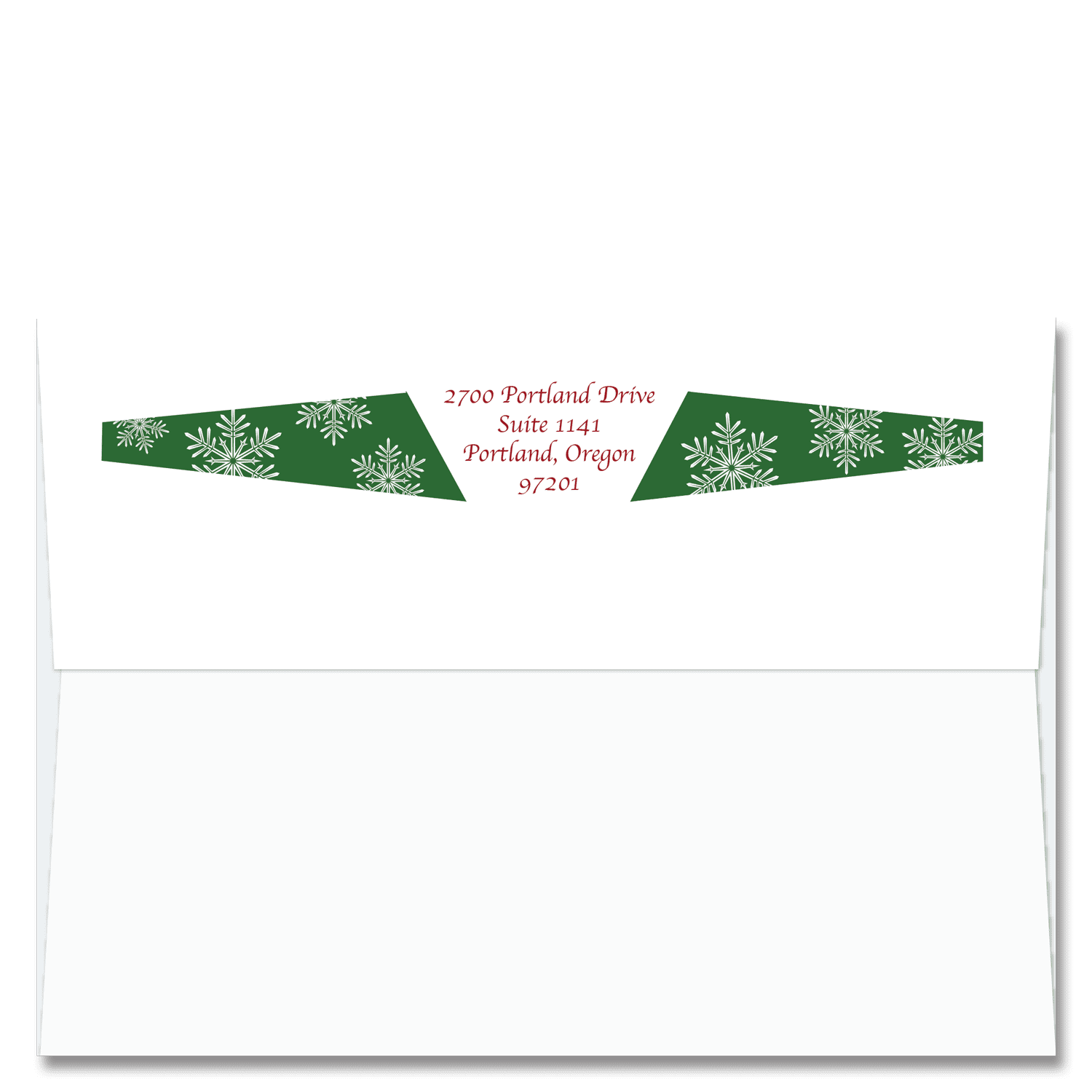 Custom design self-sealing FlapArt envelope with snowflakes on green decorative elements and printed with your return address.